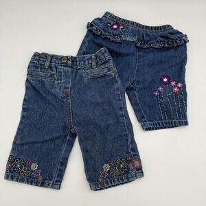 Lot Of 2 Baby Girl Denim Pants Jean Elastic Waist Flower Embroidered Size 0-3 M